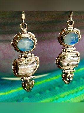 Rainbow Moonstone, Blue Topaz & Pearl Earrings